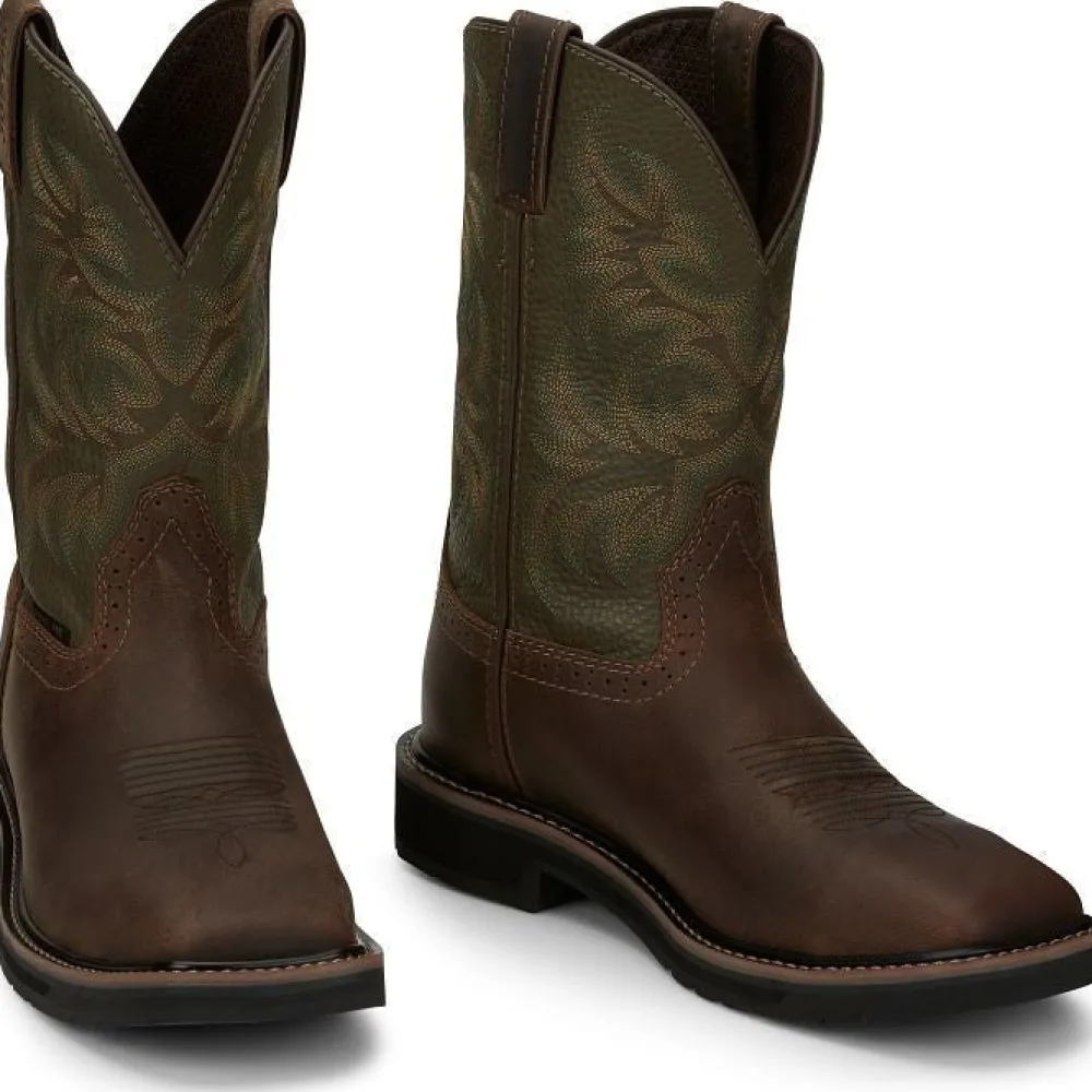 Justin Men's Driller 11" ST Western Work Boot -Brown/Green- SE4688