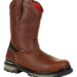Women Rocky Men's Rams Horn 10" Comp Toe WP Pull-On Work Boot- Brown- RKK0315